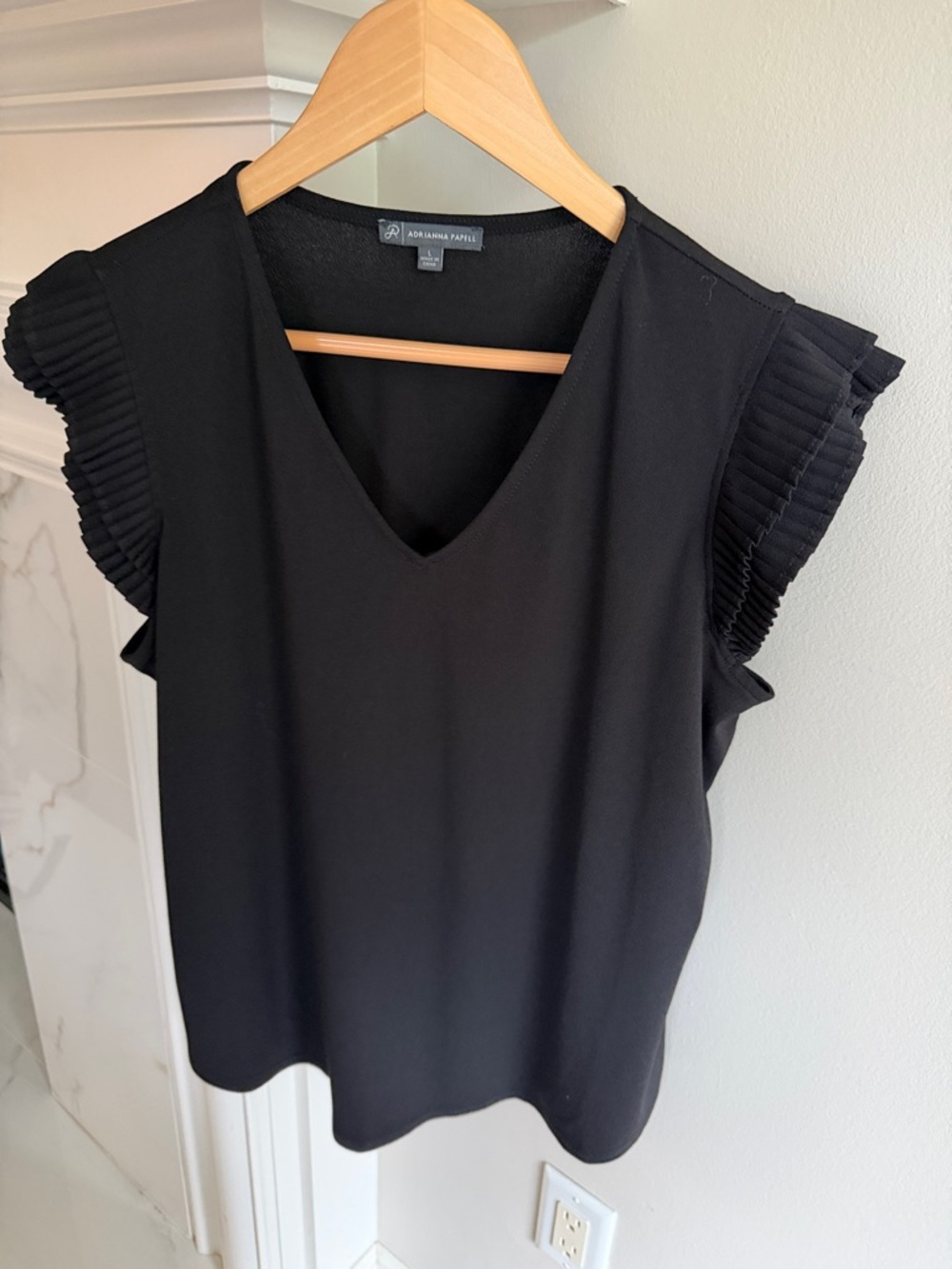 Adrianna Papell Black V-Neck Top with Pleated Cap Sleeves
